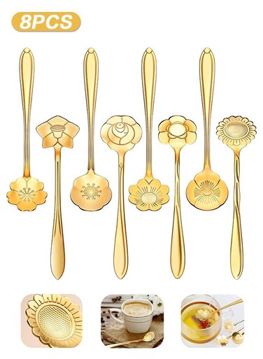 Life 8 Pieces Flower Coffee Tea Spoons, Stainless Steel Sugar Spoons Tea Party Flower Fancy Tableware Set Stir Bar Creative Stirring Teaspoon, 8 Different Patterns (Gold)