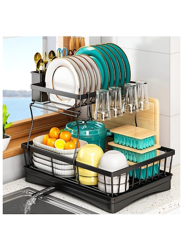 Dish Drying Rack for Kitchen Counter, 2 Tier Dish Rack, Stainless Steel Kitchen Dish Drying stand,Detachable Capacity Dish Drainer Organizer with Drain Board, Utensils Holder