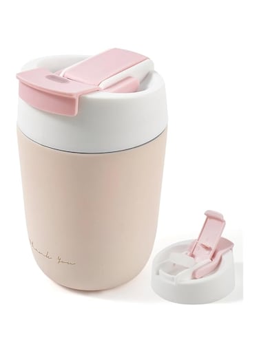 Travel Coffee Mug with Ceramic Coating, 12oz Double Wall Insulated Coffee Tumbler with Lid and Straw, Stainless Steel Leak Proof Tumbler Reusable Coffee Cup for Cold&amp;Hot Drinks, Men Women, Pink