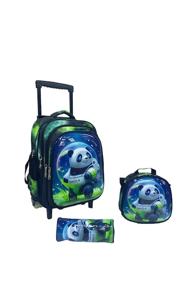 Kids School Trolley Backpack Set, 3 Pieces, 16.5 Inch Rolling Bag with Lunch Box and Pencil Case (Green Blue Panda, 16.5 Inch)
