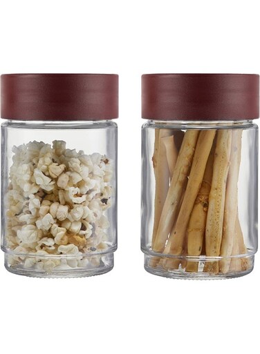 Modustack Glassy Storage Jar, Stackable, Clear, Set of 2, 750ml Each, Maroon, Medium