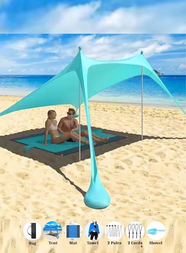 All-in-One Pop-Up Beach Tent Canopy with UPF50+ Sun Shade &ndash; Includes 2 Poles, Beach Mat, Towel, Shovel, Pegs &amp; Carry Bag &ndash; Windproof Portable Shelter for Beach, Camping &amp; Fishing &ndash; Blue