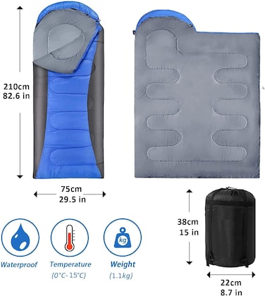 كيس نوم خفيف الوزن مقاوم للماء ودافئ للتخييم للبالغين مع كيس ضغط - أزرق
