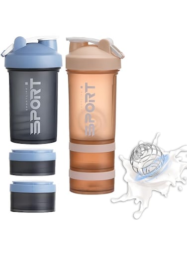 EYSOO Protein Shaker Bottle 2 Pack 500ml / 17oz Shaker Bottle for Protein Mixes Leak-proof BPA Free 3-Layer Protein Shaker with Supplement Pill Storage Container Gym Shaker Cup (Blue &amp; Orange)
