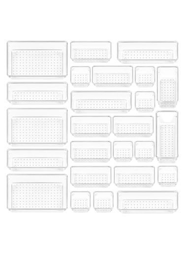 25pcs Clear Plastic Drawer Organizers, Featuring 4 Versatile Sizes for Bathroom, Vanity, Makeup Storage, Bedroom Accessories, Kitchen Utensils, and Office Supplies