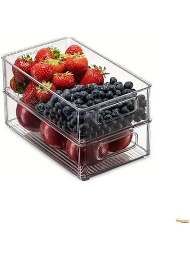 Raxoom Fridge Organizers and Storage Containers   Stackable Clear Refrigerator Organizer Bins with Handles   Ideal for Cabinets, Shelves, Drawers, Freezer   Food Safe, BPA Free (Pack of 2, Large)