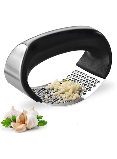 JEVAL Garlic Press Stainless Steel Crusher and Rocker Plastic Portable Ginger Mincer Squeezer Chopper with Handle Manual Garlic Presser Curved Grinding Slicer Cooking Gadgets Tool for Kitchen (1)