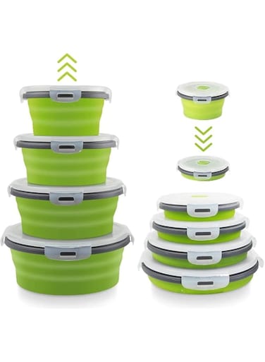 Basiter Collapsible Bowls For Camping, Set of 4 Silicone Food Storage Containers with Lids, Rv storage and organization, Rv Kitchen Accessories, BPA Free, Microwavable, Freezer, Dishwasher Safe Green