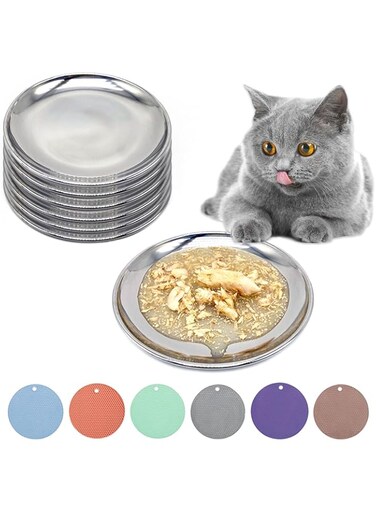RMNHPTK Cat Food Dishes, Stainless Steel Cat Shallow Dish Whisker Relief Cat Shallow Bowls Wide Plate Pet Dishes with Non-Slip Placemat Basic Dish for Cat Kitten (6 PCS, Medium)