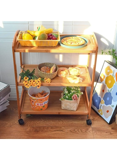 Bamboo Wooden Serving Trolley 3 Tier Kitchen Storage Rack Island Cart with Rotating Wheels Coffee Table