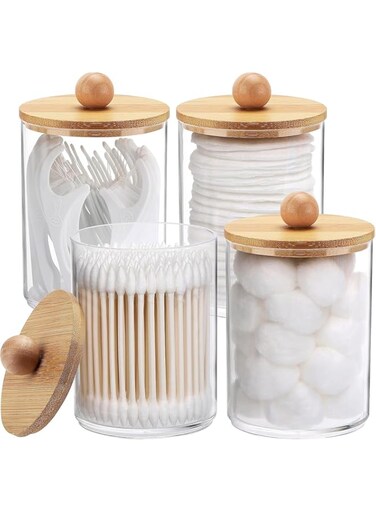 Strayelf 4 Pack Qtip Holder,10-Oz Bathroom Organizer Accessories Storage Containers Clear Plastic Apothecary Jars with Bamboo Lids for Cotton Ball,Cotton Swab,Floss