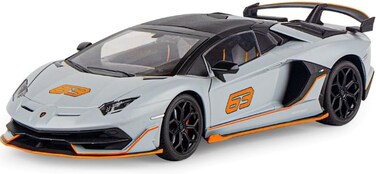 Lamborghini Official Licensed Aventador SVJ 63 Roadster Die-Cast Model Car - 1:24 Scale Replica with Bull &amp; Shield Logo, Opening Doors, LED Lights &amp; Realistic Sound for Adults &amp; Kids (Gray)