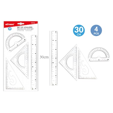 MOTARRO Geometric Ruler Set MI049-30, 30cm, 4 Pieces with Protractor and Triangle, School and Office Supplies
