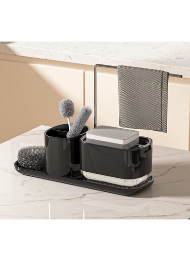 Kitchen Soap Dispenser and Sink Caddy, Dish Soap Pump Dispenser with Dishcloth Rack, Sponge Holder and Cleaning Brush Holder, Kitchen Sink Organizer Storage Rack