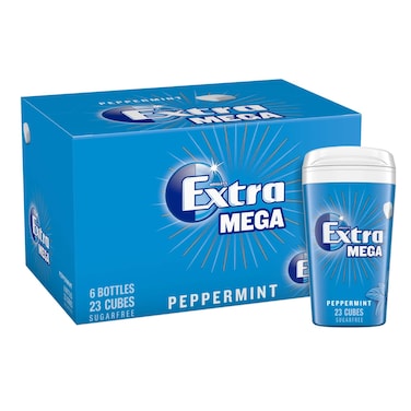 Wrigley's Extra Gum Mega Peppermint, Sugar Free Chewing Gum 23 Cubes, Pack of 6