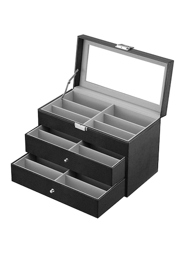 Oyydecor Sunglasses Organizer for Women Men, Multiple Eyeglasses Eyewear Display Case, Leather Multi Sunglasses Jewelry Collection Holder with Drawer, Black, L