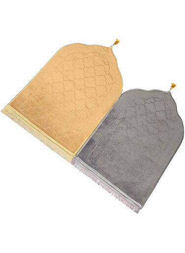 Fabienne Dome Style Prayer Mat Large Size 80x120cm Anti-Slip Velvet Top Islamic Prayer Rug Dome Style Thick Padded Sajadah Prayer Rug for Men Women Eid Gift Ramadan (Pack of 2 Grey/Beige)