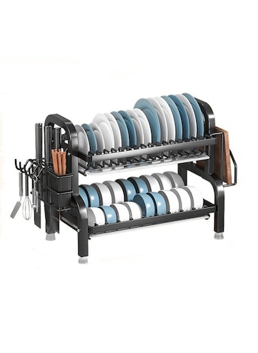 2 Tiers Dish Drying Rack and Drainboard Set for Kitchen Counter, Stainless Steel Dish Racks with Cups Holder, Utensil Holder, Cutting Board Holder.