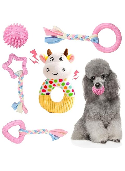 SYOSI Puppy Chew Toys Pink Puppy Teething Toys for Small Breed Dogs Cute Puppy Plush Squeaky Toys Soft Natural Rubber Puppy Teeth Cleaning Toys Girl Dog Toys Interactive Pet Toy Set 5 Pack