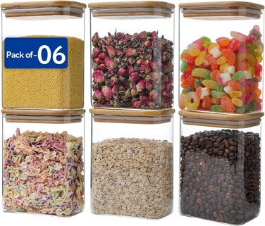 Glass Storage Jar with Bamboo Lid, 950ml, 8x12cm &acirc;&euro;&ldquo; Clear Airtight Container for Rice, Pasta, Cereal, Cookies, Dry Fruits &amp; Pantry Items, Pack of 6
