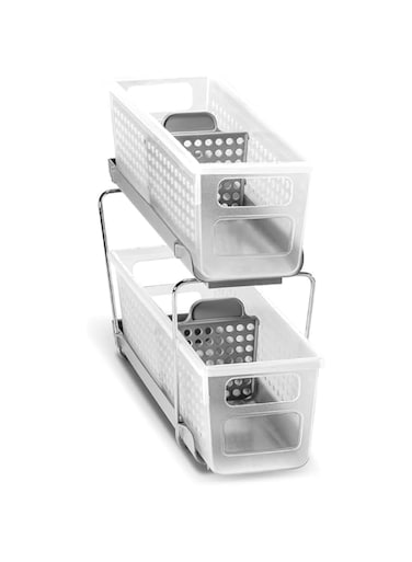 Madesmart 2-Tier Plastic Mini Multipurpose Organizer with Divided Slide-Out Storage Bins, Compact Under Sink and Cabinet Organizer Rack, Frost