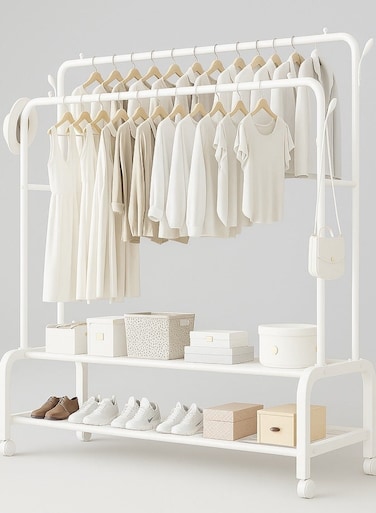 Heavy Duty Rolling Garment Rack &acirc;&euro;&ldquo; Double Rail Clothes Organizer with Storage Shelves, Lockable Wheels &amp; Strong Metal Frame &acirc;&euro;&ldquo; Portable Closet for Home or Office (White)