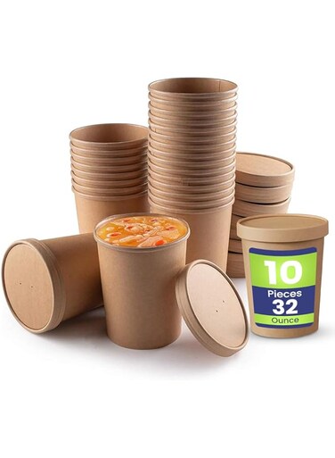 SNH Packing Eco Friendly, Kraft Soup Bowls 32 Oz, Disposable Food Cups. Great For Restaurants, Take-Outs, Or To-Go Lunch 10 Pieces.
