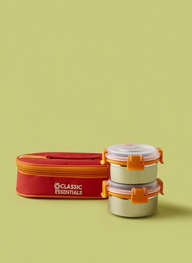 Essentials 2-Bowl Lunch Box Set Orange/Silver 10 x 10 x 5.5centimeter