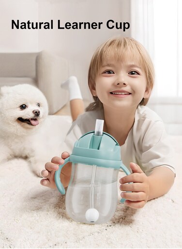 BPA-free Tritan Baby Sipping Bottle Learner Cup with Removable Handles Leak-Proof Spill-Proof Break-Proof Water Bottle for Toddlers Infant Easy-Hold Starter Straw Cup Blue 300ml