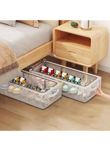 2PCS Under Bed Shoe Organizer, Transparent PVC Shoe Storage Box, Foldable Steel Frame Storage Bin with Handle and Clear Zipper Cover for Shoes, Clothes, Sheets (White, L)