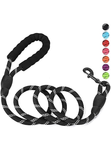 Petmegoo 5ft 1/2in Strong Black Dog Leash for Medium Dogs &amp; Large Dogs - Highly Reflective Puppy Leash with Soft Padded Anti-Slip Handle - Heavy Duty Rope Leash
