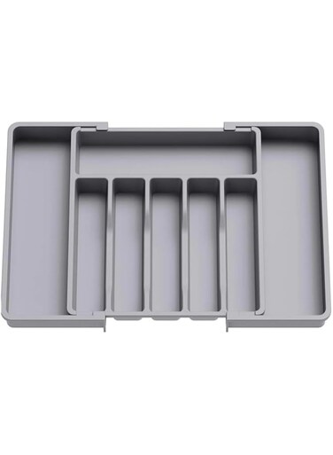 Aokraty Expandable Utensil Tray for Kitchen, Silverware Drawer Organizer, BPA Free Flatware and Cutlery Holder, Adjustable Plastic Storage for Spoons Forks Knives, Large, Black (Grey)