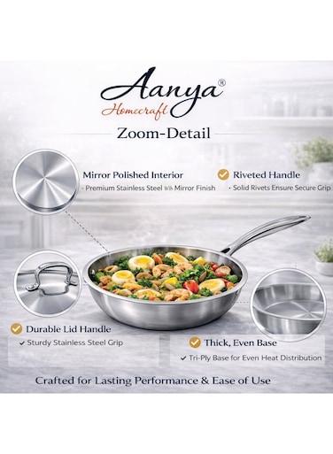 Homecraft Premium Ultra Jumbo Tri-Ply Stainless Steel Fry Pan with Lid, 26cm &acirc;&euro;&ldquo; Extra Deep Silver Frying Pan with Extra-Long Handle for Bulk Frying, Family Meals &amp; Professional Cooking
