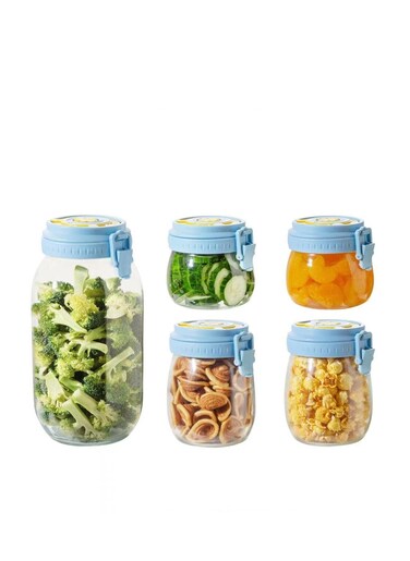 Glass Sealed Jars with Lids (17 oz*2 pcs/25 oz*2 pcs/72 oz*1 pcs) 5 Piece Set with Date Tracker, Leak Proof Rubber Gasketed Glass Storage Jars, Kitchen Jars for Cereal, Coffee, Sugar, Beans, Spices