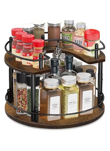 2 Tier Spice Rack Lazy Susan Organizer, Height Adjustable Rotating Lazy Turntable Spice Organization for Cabinet, Pantry Kitchen Wood Revolving Seasoning Organizer