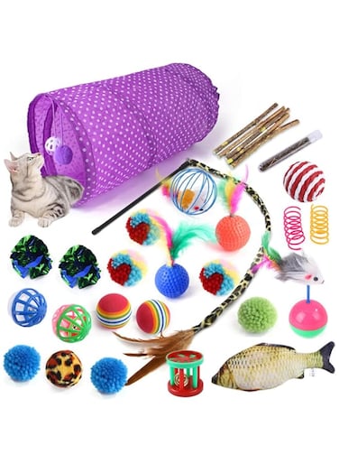 ECVV&reg; Cat Toys Set 30 pcs, Cat Interactive Toys for All Cats, Kitten Collapsible Play Tunnel Tube Teaser Wand Bell Furry Ball Springs Mouse Catnip Fish for Kitty Puppy