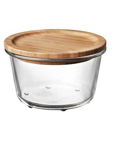 container with lid, round glass/bamboo600 ml