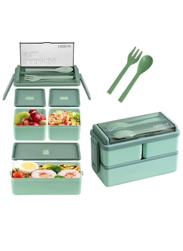 Lunch Box, Bento Box, 1400 ml/47.3 OZ Size Food Container, Leakproof, For Kids and Adults, 3 Compartments, With Reusable Cutleries With Storage Slot, Microwave Safe Lunch Box (Green)