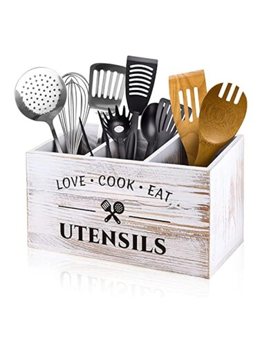 Wood Kitchen Utensil Caddy with 3 Compartments, Rustic Farmhouse Style, Ideal for Storage and Organization, White