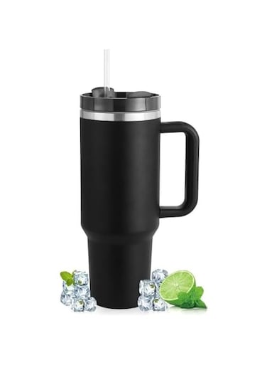 40 oz Tumbler with Handle and Straw, Stainless Steel Vacuum Insulated Water Tumbler for Hot or Cold Beverages, Reusable Water Bottle for Home Gym Office Travel (Black)
