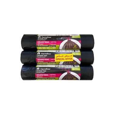 Carrefour 30 Gallon Oxo Bio-Degradable Drawstring Roll Black 20 Garbage Bags Pack of 3
