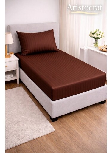 2-Piece Striped Microfiber Fitted Sheet Set Single 90x200cm &acirc;&euro;&ldquo; Soft Elastic Deep Pocket 17cm Bedsheet with 1 Pillowcase 50x70cm, Chocolate Brown Microfiber Chocolate Brown Single