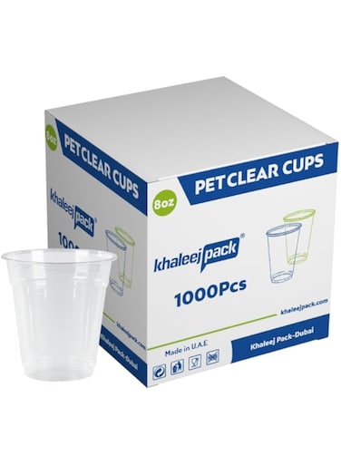 Khaleej Pack [1000 8 oz Clear Plastic Cups with Lids,Disposable Iced Coffee Cups, BPA Free Premium Crystal Smoothie Cup for Party, Lemonade Stand, Cold Drinks, Juice, Milkshake, Juice Cups