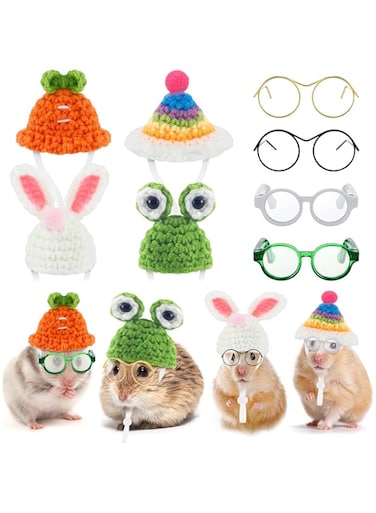 Silkfly 8 Pcs Hamster Hat Pet Round Costume Glasses Includes 4 Pcs Knitted Small Animals Hat with Adjustable Strap and 4 Pairs of Pet glasses for Small Animals Lizards Guinea Pig Pet Clothes Accessory