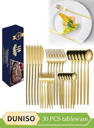 30 Pcs Stainless Steel Cutlery Set, Western Style Kitchen Utensil Set, Mirror Polished Tableware Set, With Knife, Fork, Spoon, Suitable For Family Dining, Kitchen&iuml;&frac14;&OElig;Gatherings,Gold