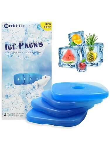 Ice Freezer Packs for Lunch Box Cooler, Reusable Cool Refreeze Blocks for Lunch Bags, Keeps Food Cold &amp; Fresh - Ideal for Kids School Lunch Boxes, Office/Picnic Lunch Set of 4, Blue
