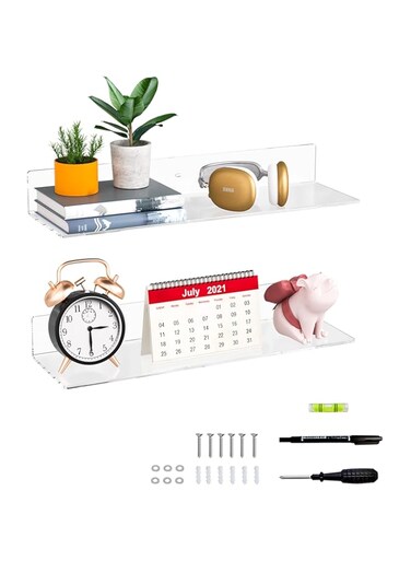 Sezanrpt 50 cm Clear Wall Shelves for Wall, Wall Mounted Acrylic Floating Shelf for Plants, Speakers, Radio, Funko Pop, Plush Toy, Books, Cosmetics, Toiletries, Pack of 2 (50 cm)