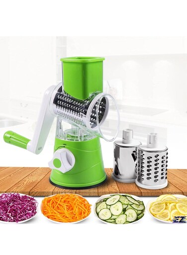 Rotary Cheese Grater with Handle &acirc;&euro;&ldquo; Manual Shredder with 3 Interchangeable Blades, Strong Suction Base, and Vegetable Slicer for Cheese, Fruits, Nuts, and Chocolate