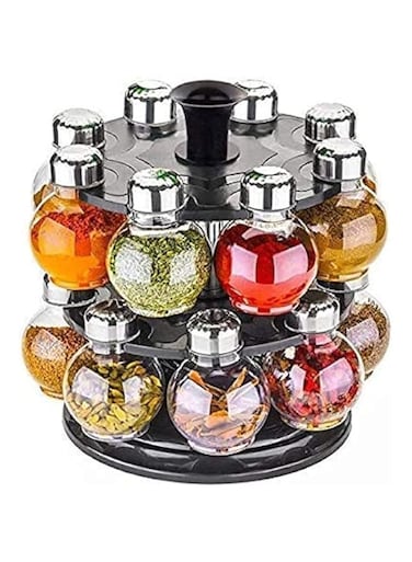 Dubai Gallery 16-Piece Round Rotating Glass Jar Rack Set Black/Silver