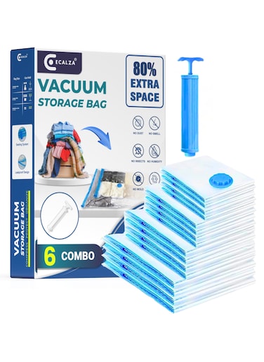Vacuum Storage Bags - Pack of 6 (1Jumbo/2 Large/2 Medium/1 Pumps) Re-usable Travel Compression Storage Bags For Clothes, Comforters &amp; Blankets - Space Saver Bags with Hand Pump